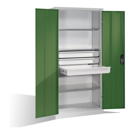 C+P Werkzeugschrank mit Drehtüren, 3 Böden und 3 Schübe, H1950xB930xT500mm Front Resedagrün Korpus Lichtgrau