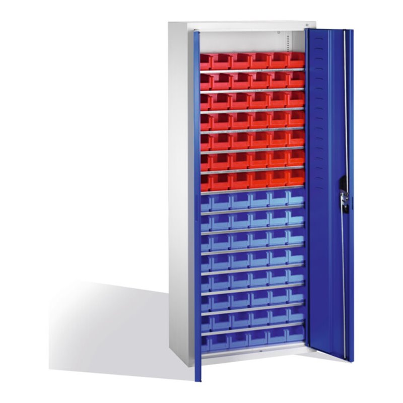 C+P Magazinschrank mit 90 Sichtlagerkästen, H1690xB700xT300mm Front Enzianblau Korpus Lichtgrau