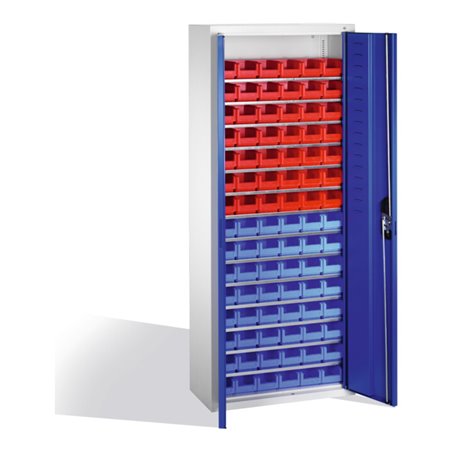 C+P Magazinschrank mit 90 Sichtlagerkästen, H1690xB700xT300mm Front Enzianblau Korpus Lichtgrau