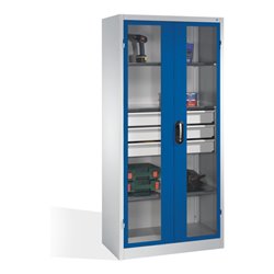 C+P Werkzeugschrank, Sichtfenster-Drehtüren, 3 Böden, 3 Schübe, H1950xB930xT500mm Front Enzianblau Korpus Lichtgrau