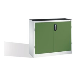 C+P Werkzeug-Beistellschrank mit Drehtüren, 2 Böden und 3 Schübe, H1000xB1200xT400mm Front Resedagrün Korpus Lichtgrau