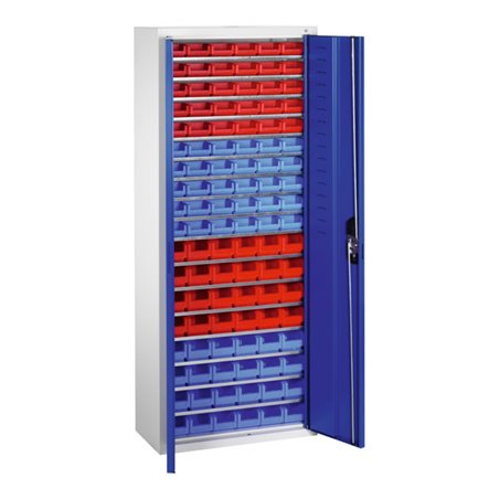 C+P Magazinschrank mit 108 Sichtlagerkästen, H1690xB700xT300mm Front Enzianblau Korpus Lichtgrau