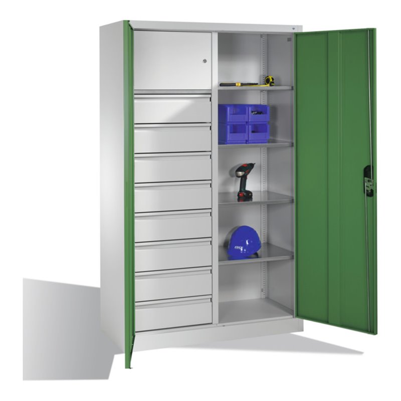 C+P Werkzeugschrank mit Drehtüren, 4 Böden, 8 Schübe, Wertfach, H1950xB1200xT500mm Front Resedagrün Korpus Lichtgrau