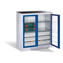 C+P Werkzeugschrank, Sichtfenster-Drehtüren, 2 Böden, 3 Schübe, H1000xB930xT500mm Front Enzianblau Korpus Lichtgrau