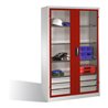 C+P Werkzeugschrank, Sichtfenster-Drehtüren, 3 Böden, 3 Schübe, H1950xB1200xT500mm Front Rubinrot Korpus Lichtgrau
