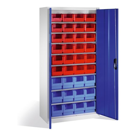 C+P Magazinschrank mit 26 Sichtlagerkästen, H1980xB1000xT420mm Front Enzianblau Korpus Lichtgrau