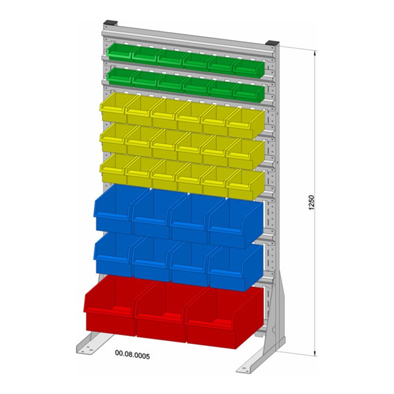 Hünersdorff Standregal einseitig 41 Sichtboxen PS pulverbeschichtet lichtgrau, 720x1250mm