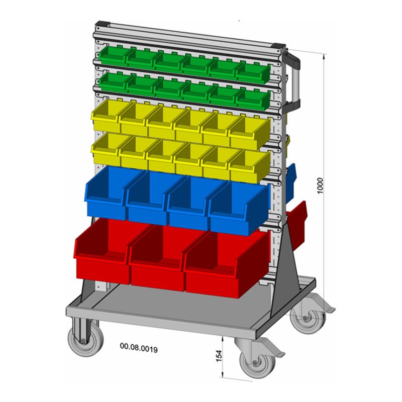 Hünersdorff Fahrregal zweiseitig 62 Sichtboxen PS pulverbeschichtet lichtgrau, 720x1155mm