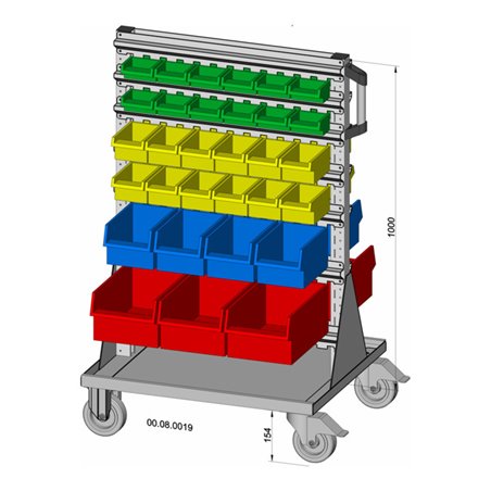 Hünersdorff Fahrregal zweiseitig 62 Sichtboxen PS pulverbeschichtet lichtgrau, 720x1155mm