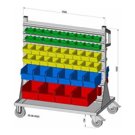 Hünersdorff Fahrregal zweiseitig 92 Sichtboxen PS pulverbeschichtet lichtgrau, 1030x1155mm