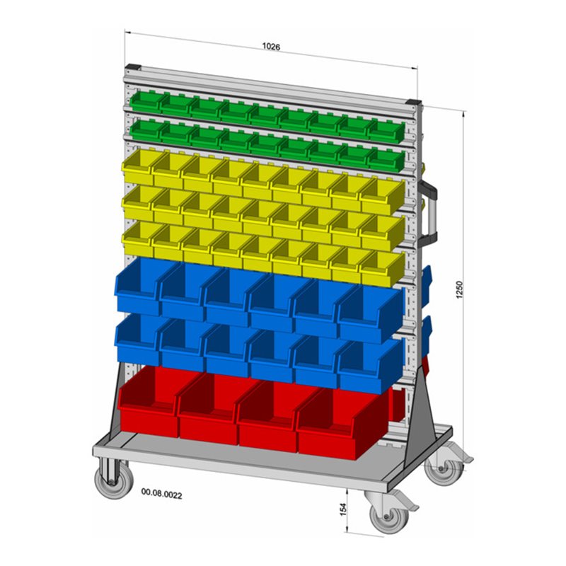Hünersdorff Fahrregal zweiseitig 122 Sichtboxen PS pulverbeschichtet lichtgrau, 1030x1405mm