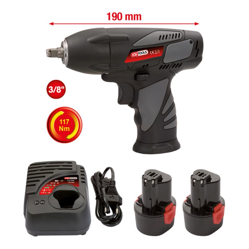 KS Tools 3/8' Akku-Schlag-Schrauber, 117Nm, 1.870 U/min, mit 2 Akkus und 1 Ladegerät