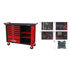 KS Tools RACINGline SCHWARZ/ROT Werkstattwagen XL mit 7 Schubladen und 1 Tür und 515 Premium Werkzeugen