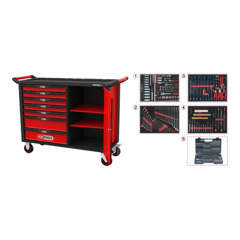 KS Tools RACINGline SCHWARZ/ROT Werkstattwagen XL mit 7 Schubladen und 1 Tür und 515 Premium Werkzeugen