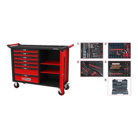 KS Tools RACINGline SCHWARZ/ROT Werkstattwagen XL mit 7 Schubladen und 1 Tür und 515 Premium Werkzeugen