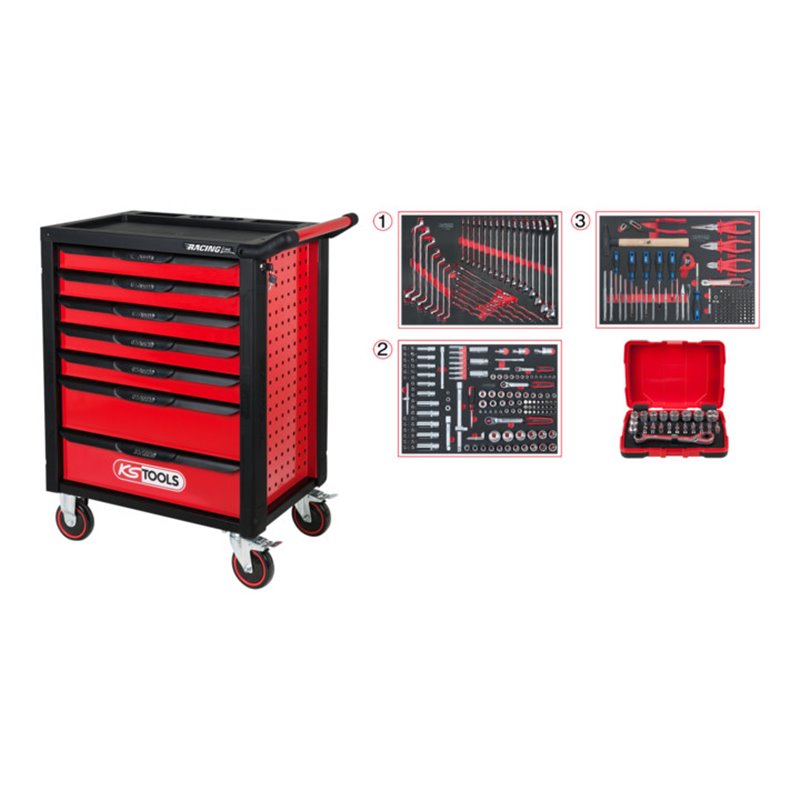 KS Tools RACINGline SCHWARZ/ROT Werkstattwagen mit 7 Schubladen und 341 Premium-Werkzeugen
