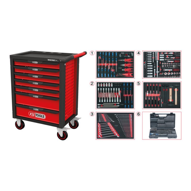 KS Tools RACINGline SCHWARZ/ROT Werkstattwagen mit 7 Schubladen und 511 Premium-Werkzeugen