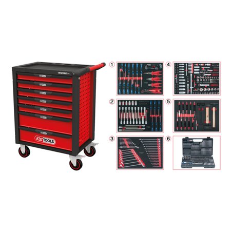 KS Tools RACINGline SCHWARZ/ROT Werkstattwagen mit 7 Schubladen und 511 Premium-Werkzeugen