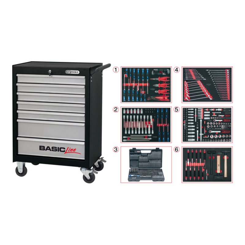 KS Tools Werkstattwagen BASIC schwarz-grau mit Einlagen-Paket EXTENDED
