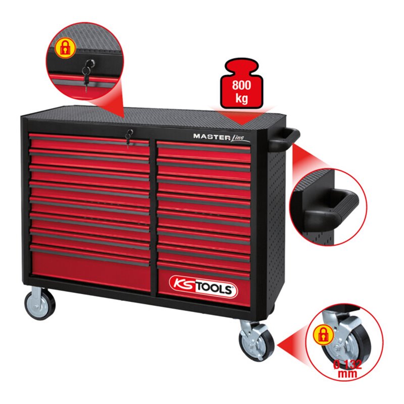 KS Tools MASTERline Großraum-Werkstattwagen, mit 16 Schubladen schwarz/rot