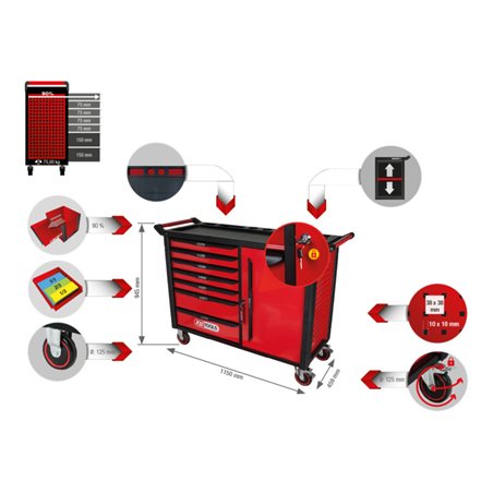 KS Tools RACINGline SCHWARZ/ROT Werkstattwagen mit 7 Schubladen und 1 Tür