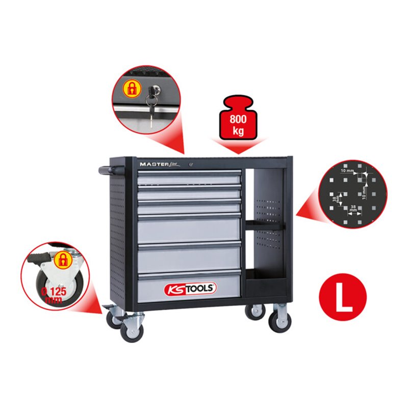 KS Tools MASTERline Werkstattwagen mit 6 Schubladen + 2 Regalböden schwarz/silber