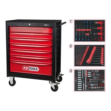 KS Tools ECOline SCHWARZ/ROT Werkstattwagen mit 7 Schubladen und 215 Premium-Werkzeugen