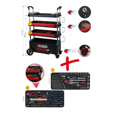 KS Tools BUTLER Werkzeugwagen / Montagewagen, klappbar, absenkbar und verschließbar mit 175 Premium-Werkzeugen