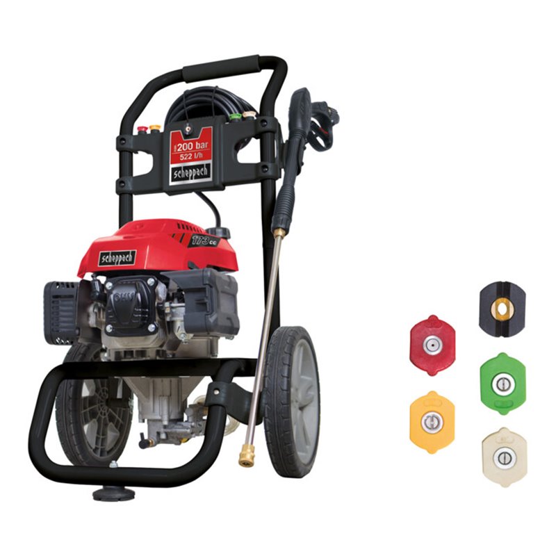 Scheppach Benzin-Hochdruckreiniger HCP2600 inkl. Fahrvorrichtung, 5 Düsenaufsätze, Reinigungslanze & 7,5  m Hochdruckschlauch