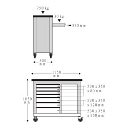 Stahlwille Fahrbare Werkbank 7 Schubladen anthrazitgrau, RAL 7016 L.1150mm x B.500mm x H.1030mm