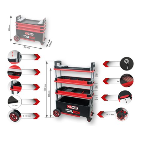 KS Tools TOOLBOX Werkzeugwagen / Montagewagen, absenkbar und verschließbar