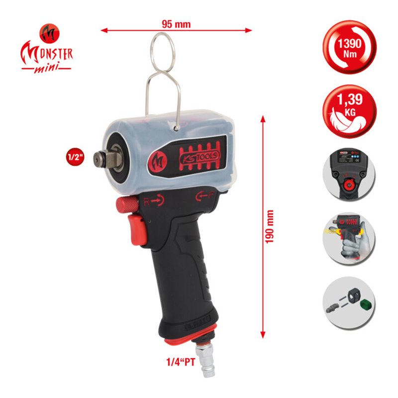 KS Tools 1/2' miniMONSTER Hochleistungs-Druckluft-Schlagschrauber 1.390 Nm, mit Schutzhülle