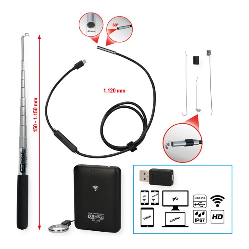 KS Tools Wi-Fi-Videoskop-Satz mit Durchmesser 5,5 mm 0° HD Frontkamera-Sonde, 7-tlg.