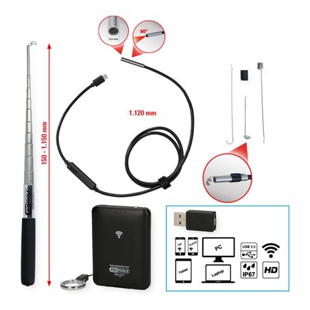 KS Tools Wi-Fi-Videoskop-Satz mit Durchmesser 5,5 mm 0° HD Frontkamera-Sonde, 7-tlg.