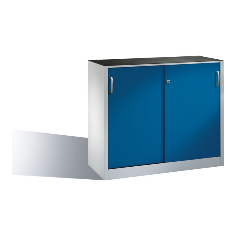 C+P Werkzeug-Beistellschrank mit Schiebetüren innen 1 Boden Front Enzianblau Korpus Lichtgrau