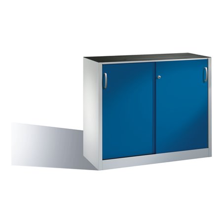C+P Werkzeug-Beistellschrank mit Schiebetüren innen 1 Boden Front Enzianblau Korpus Lichtgrau