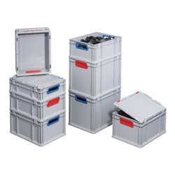 Allit Transportstapelbehälter L600xB400xH220mm grau blau PP m.Klappscheibe