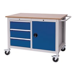 Bedrunka+Hirth Werkbank B1250xT750xH935mm Buche Multiplex lichtgrau signalblau 3Schubl. 1Tür