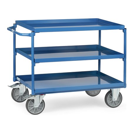 fetra Tischwagen mit Wannen mit 3 Böden aus Blechwannen, Griff waagerecht, TPE-Bereifung