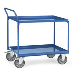 Tischwagen mit Wannen mit 2 Böden aus Blechwannen, Griff hochstehend, TPE-Bereifung