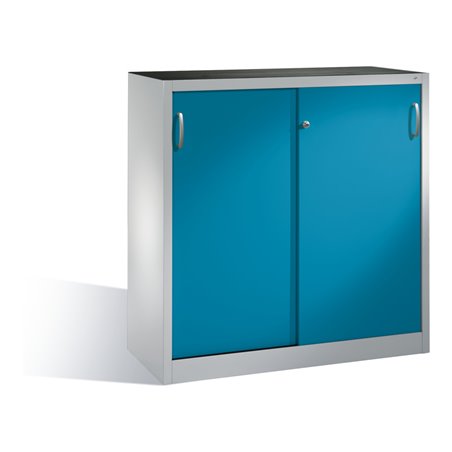 C+P Werkzeug-Beistellschrank mit Schiebetüren innen 2 Böden Front Lichtblau Korpus Lichtgrau
