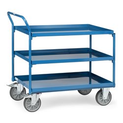 fetra Tischwagen mit Wannen mit 3 Böden aus Blechwannen, Griff hochstehend, TPE-Bereifung
