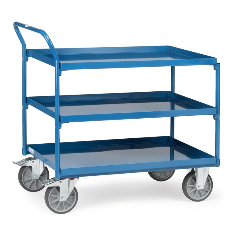 fetra Tischwagen mit Wannen mit 3 Böden aus Blechwannen, Griff hochstehend, TPE-Bereifung