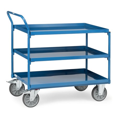 fetra Tischwagen mit Wannen mit 3 Böden aus Blechwannen, Griff hochstehend, TPE-Bereifung