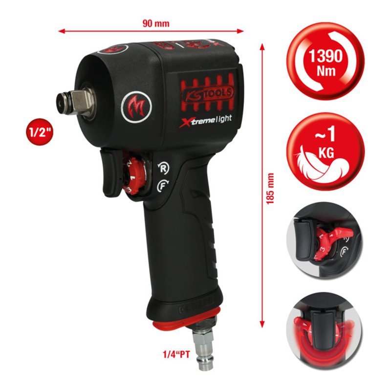 KS Tools 1/2' miniMONSTER Xtremelight Hochleistungs-Druckluft-Schlagschrauber 1.390 Nm