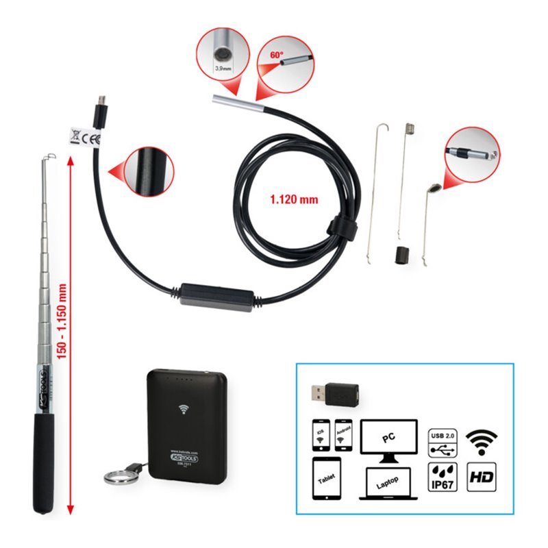 KS Tools Wi-Fi-Videoskop-Satz mit Durchmesser 3,9 mm 0° HD Frontkamera-Sonde, 7-tlg.