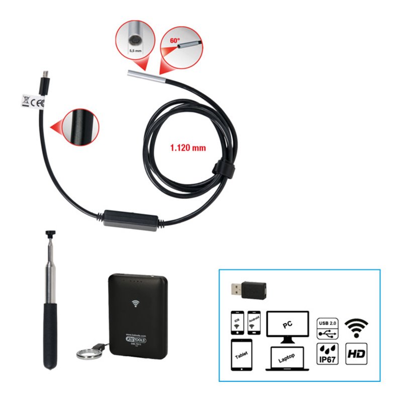 KS Tools Wi-Fi-Videoskop-Satz mit Durchmesser 6,0 mm 0° und 90° HD Frontkamera-Sonde, umschaltbar, 4-tlg.