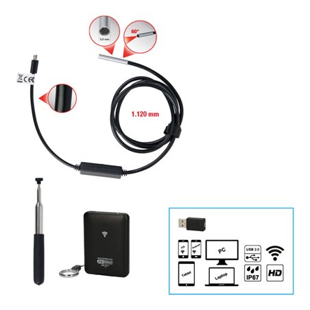 KS Tools Wi-Fi-Videoskop-Satz mit Durchmesser 6,0 mm 0° und 90° HD Frontkamera-Sonde, umschaltbar, 4-tlg.