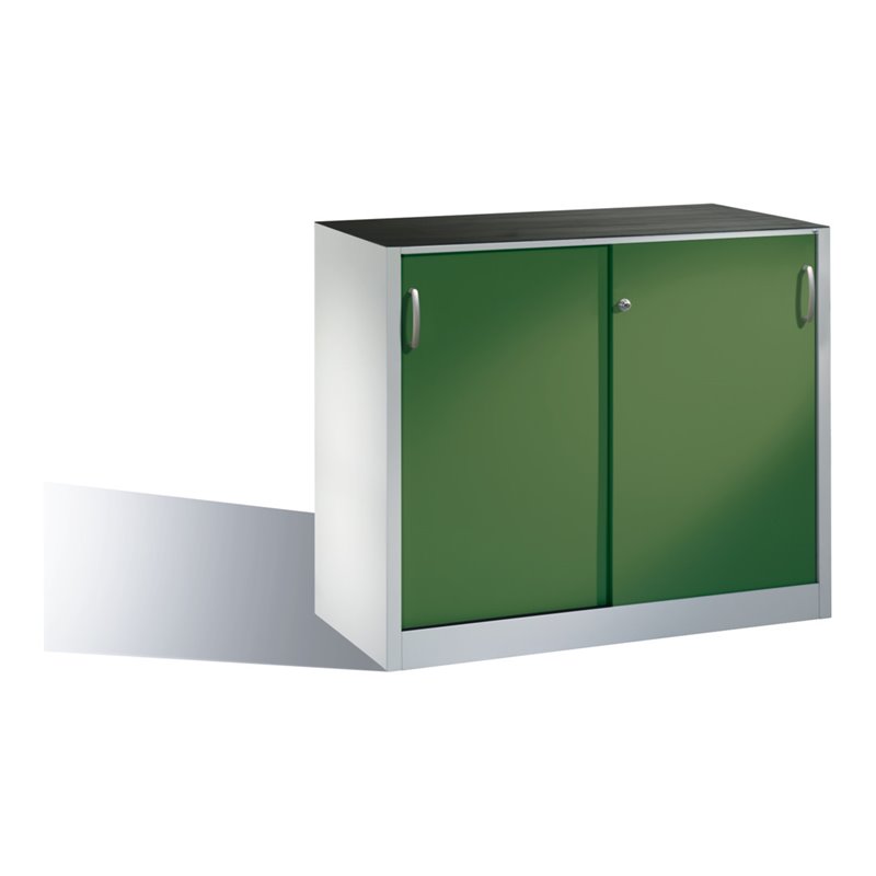 C+P Werkzeug-Beistellschrank mit Schiebetüren innen 1 Boden Front Resedagrün Korpus Lichtgrau