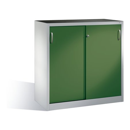 C+P Werkzeug-Beistellschrank mit Schiebetüren innen 2 Böden Front Resedagrün Korpus Lichtgrau